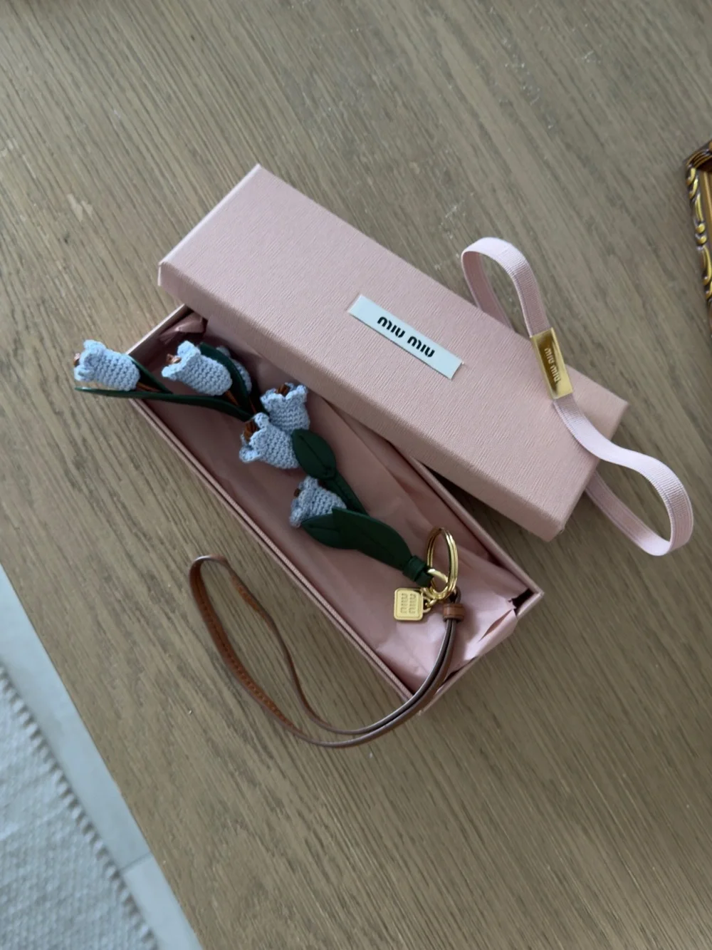 Miu Miu Brown Leather Strap Key & Floral Charm with Green Leaves